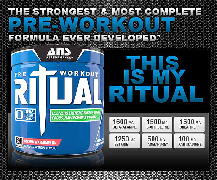ANS Performance Ritual - The most intense pre-workout on the market today, providing extreme energy rush, intense mental focus and powerful muscle contractile strength!