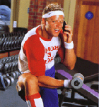 Guy on his phone not working out bu twasting time.