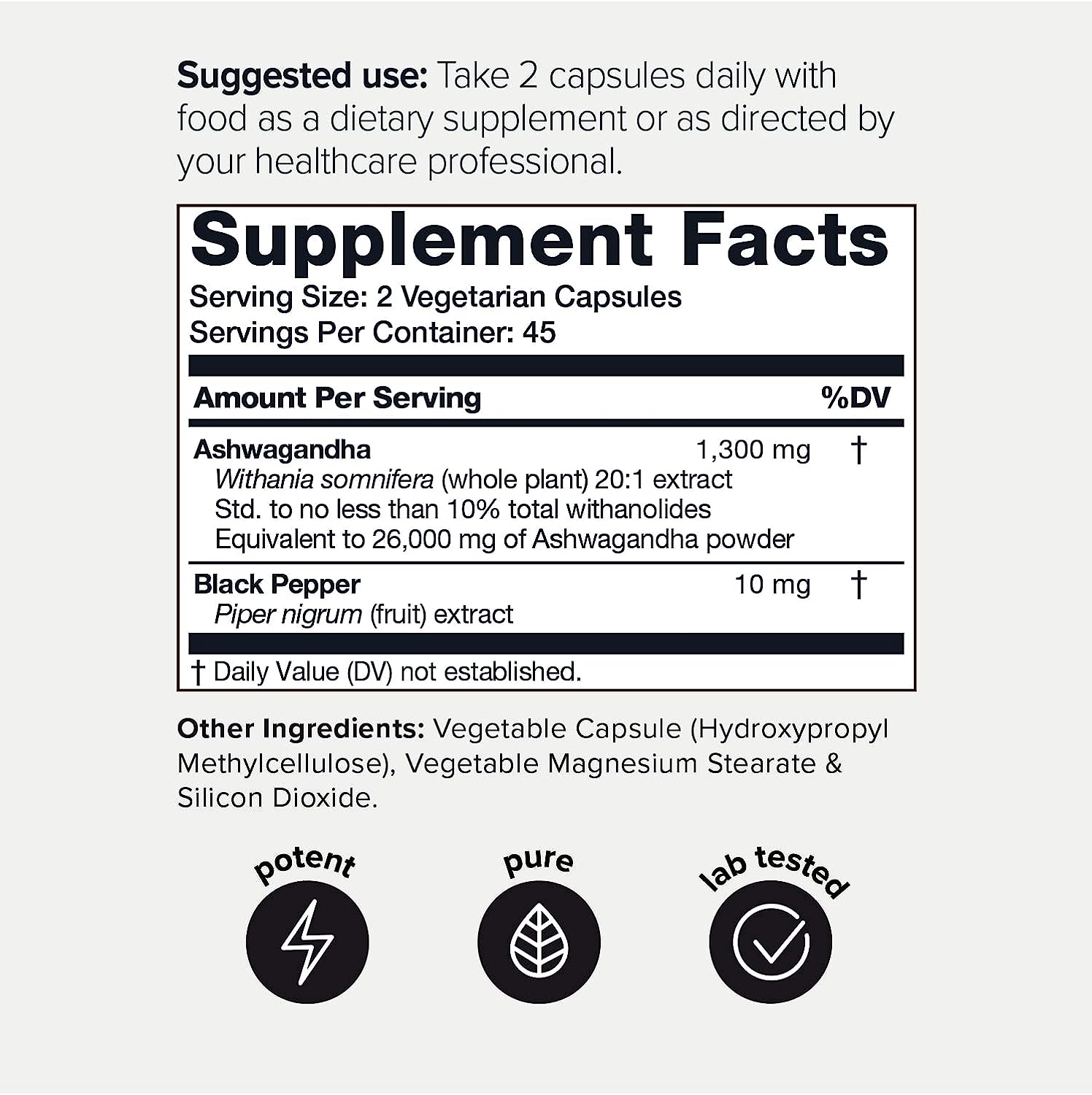 Toniiq Ashwagandha Ingredient Listing