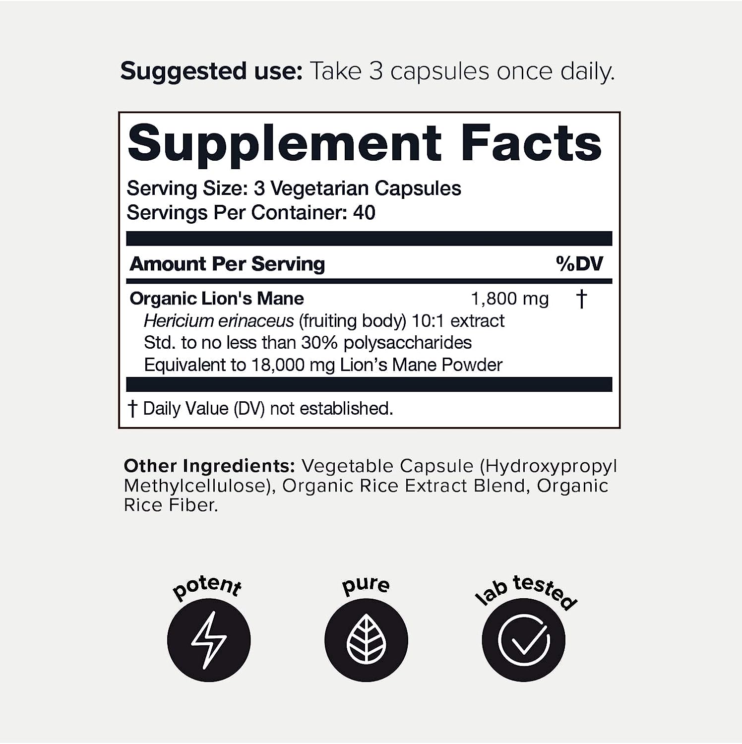 Toniiq Lions Mane Ingredient Listing