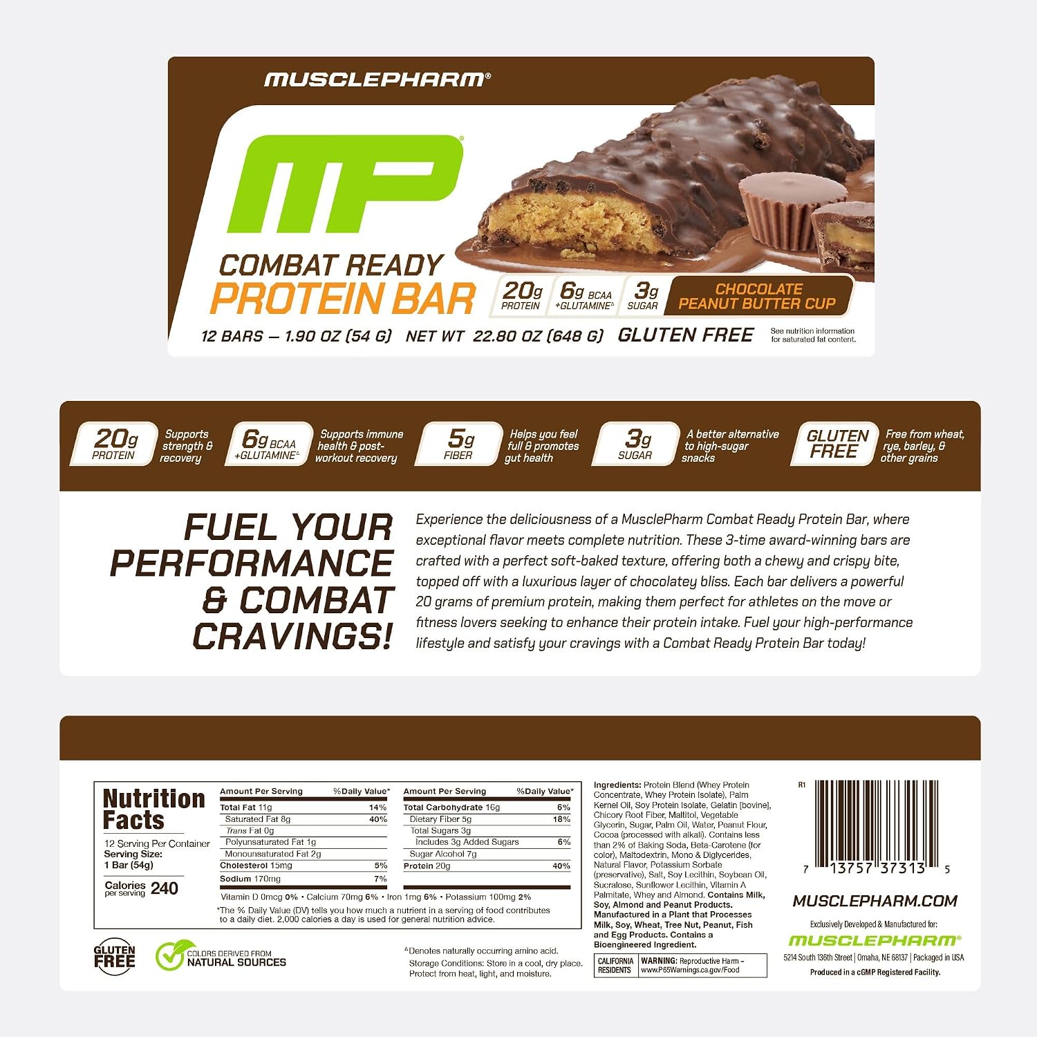 MusclePharm Combat Protein Bars - A clean and delicious gluten free protein bar that packs 20g of protein and only 6 net carbs.
